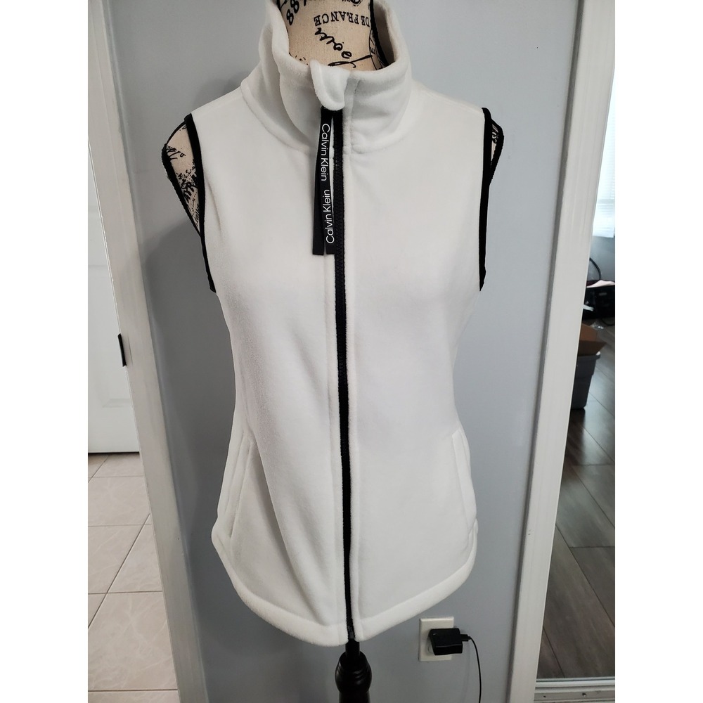 Calvin Klein Performance White Fleece Vest Full Zip Black Trim XS